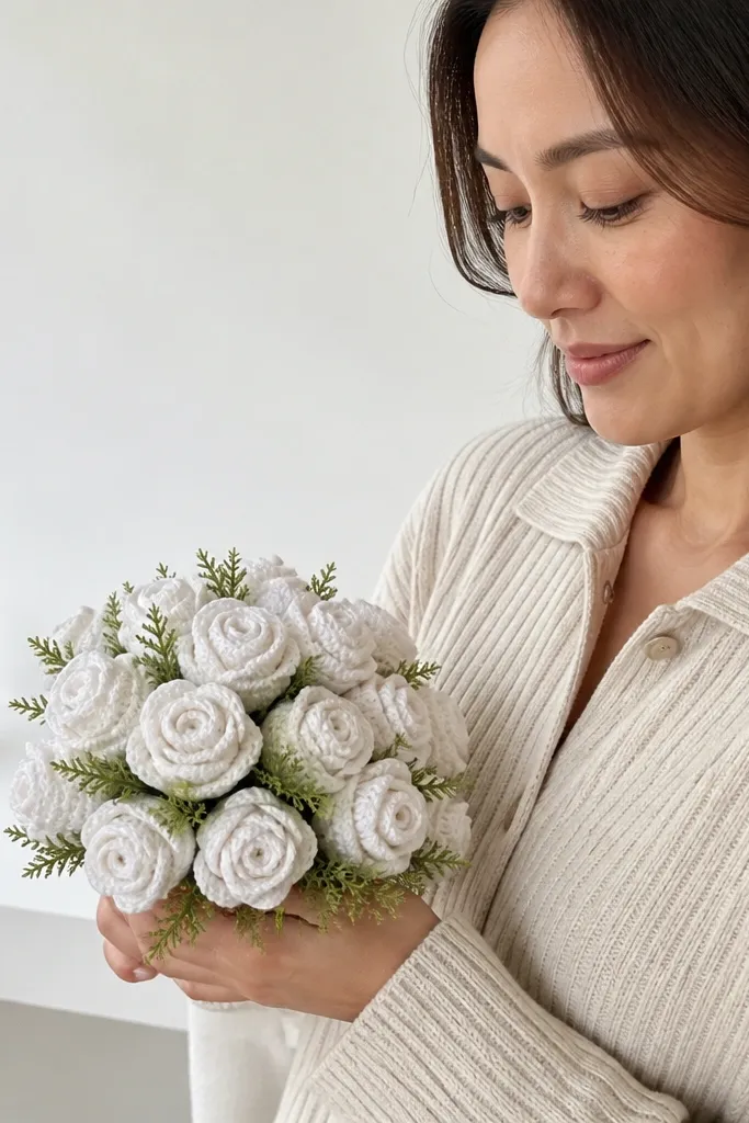 Pearl white crocheted rosebud bouquet with tiny green sprigs