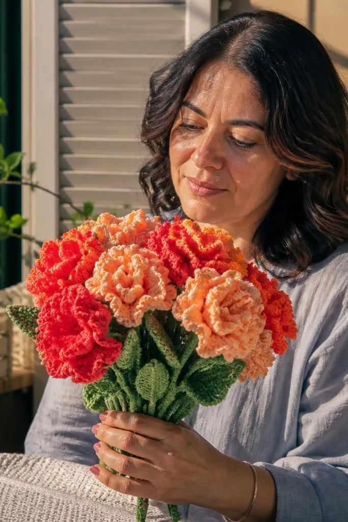 Coral and peach crocheted ruffled petal flowers bouquet