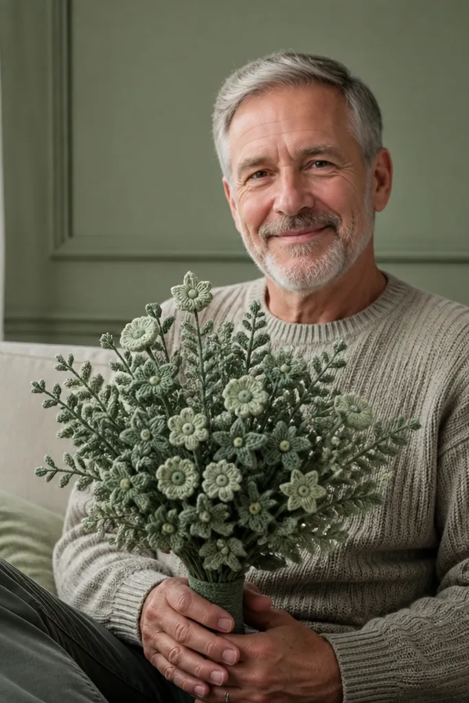 Monochrome sage green crocheted wildflower bouquet