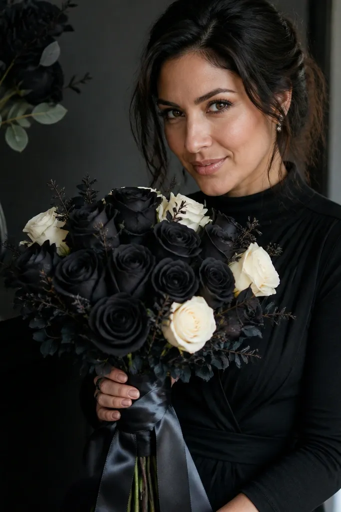 Black and ivory crocheted roses bouquet with satin ribbon wrap