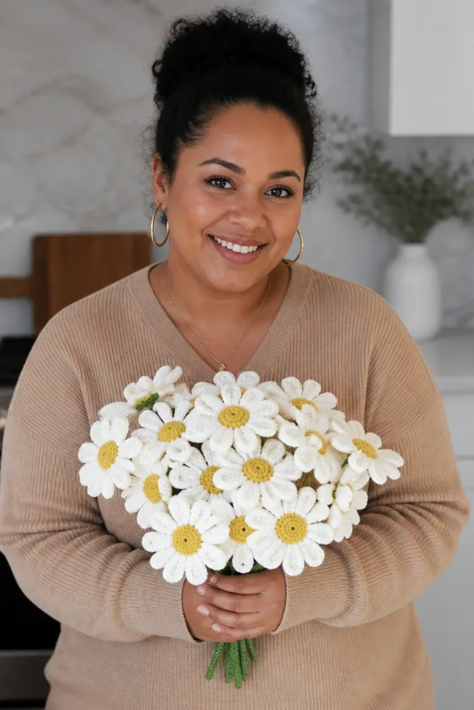 White daisy crocheted bouquet with small pom pom like centers