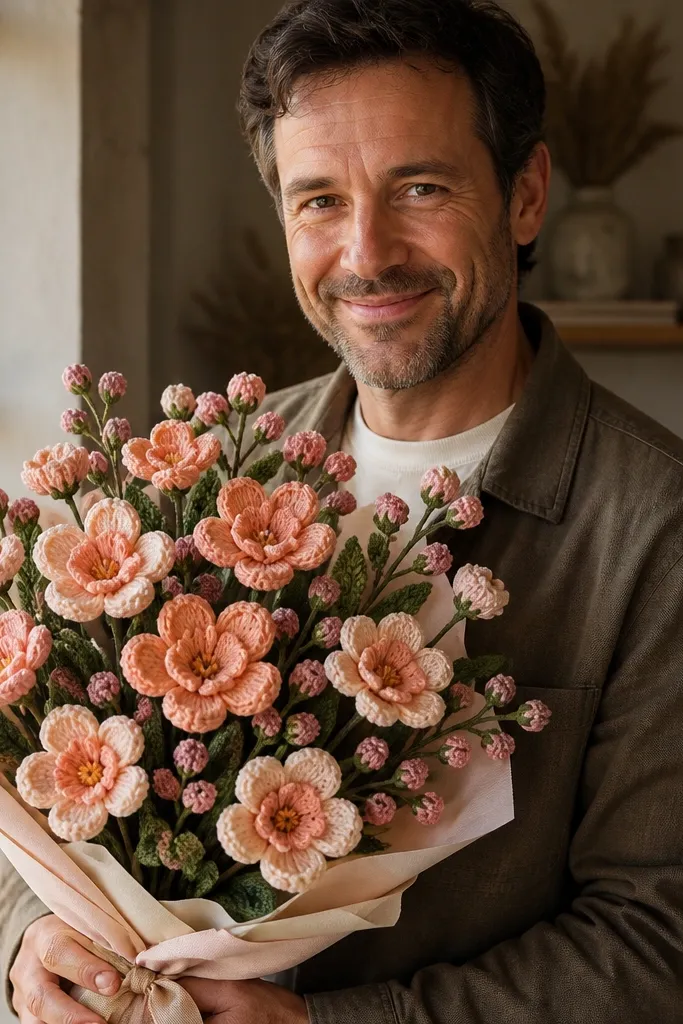 Peach crocheted blossoms with tiny pink buds bouquet