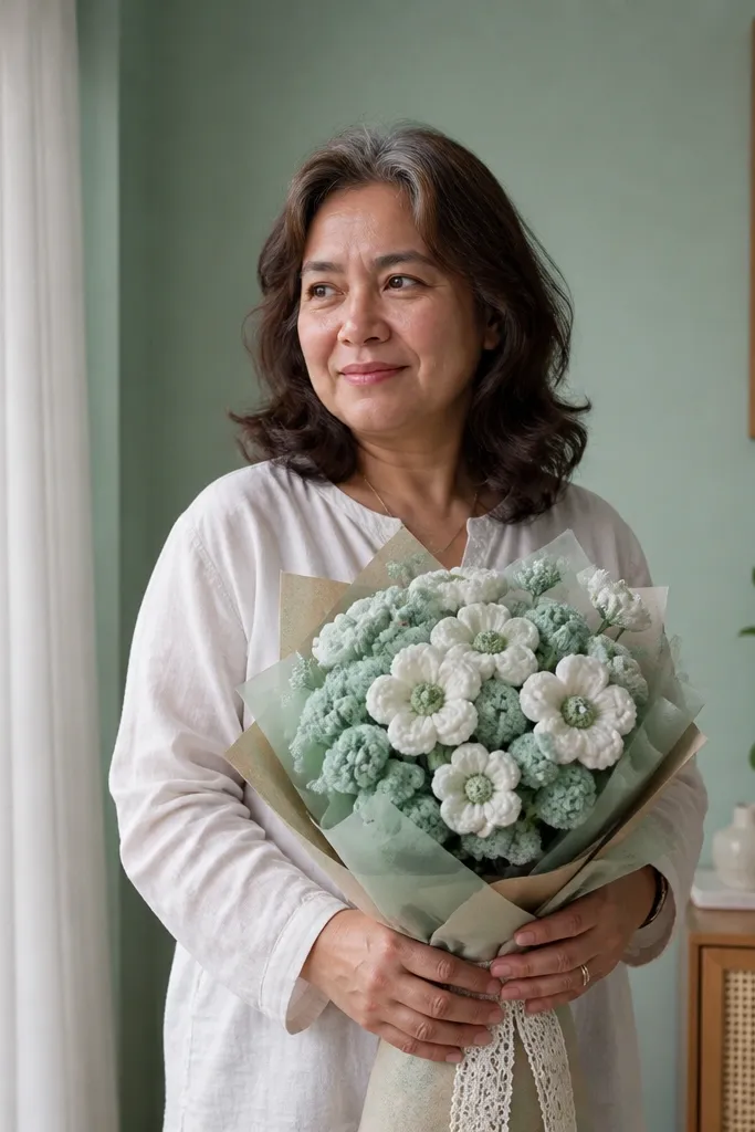 Seafoam green and white crocheted foam flowers bouquet