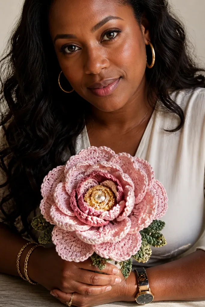 Pink crocheted peony bouquet with a gold-toned center ring