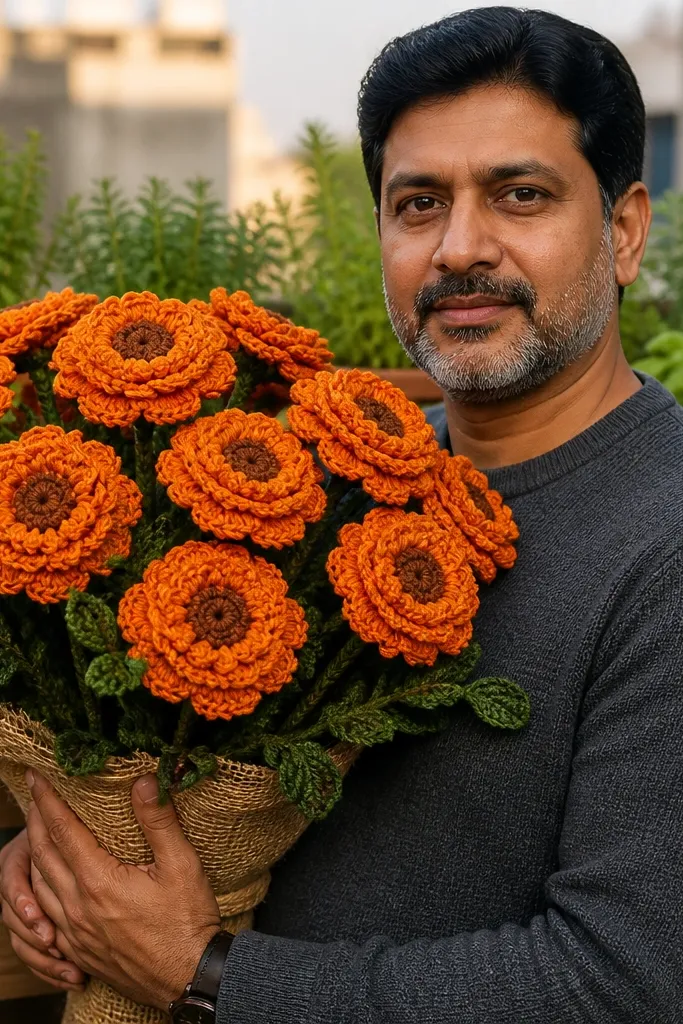 Marigold crocheted flowers with layered swirled centers bouquet