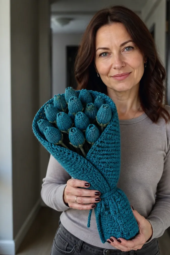 Teal crocheted rosebud bouquet with a matching crochet wrap around stems