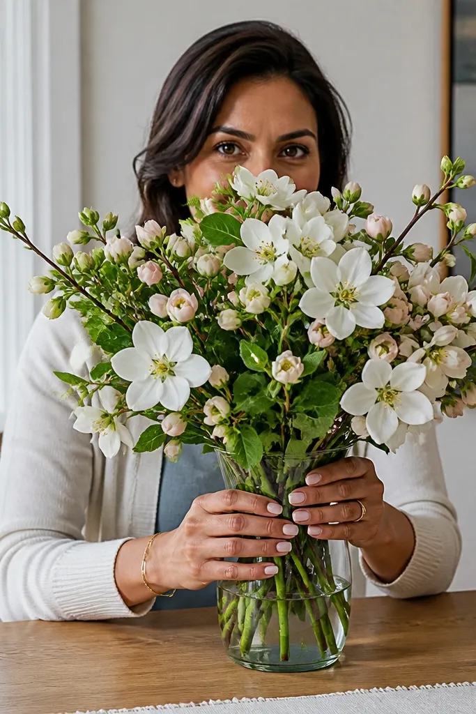 White and blush crocheted flowers bouquet with neat hidden stem area