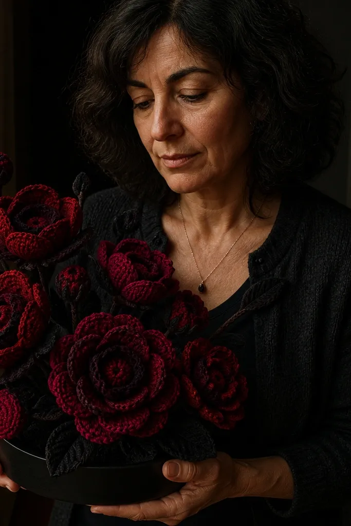 Deep red crocheted blooms with black leaf accents bouquet