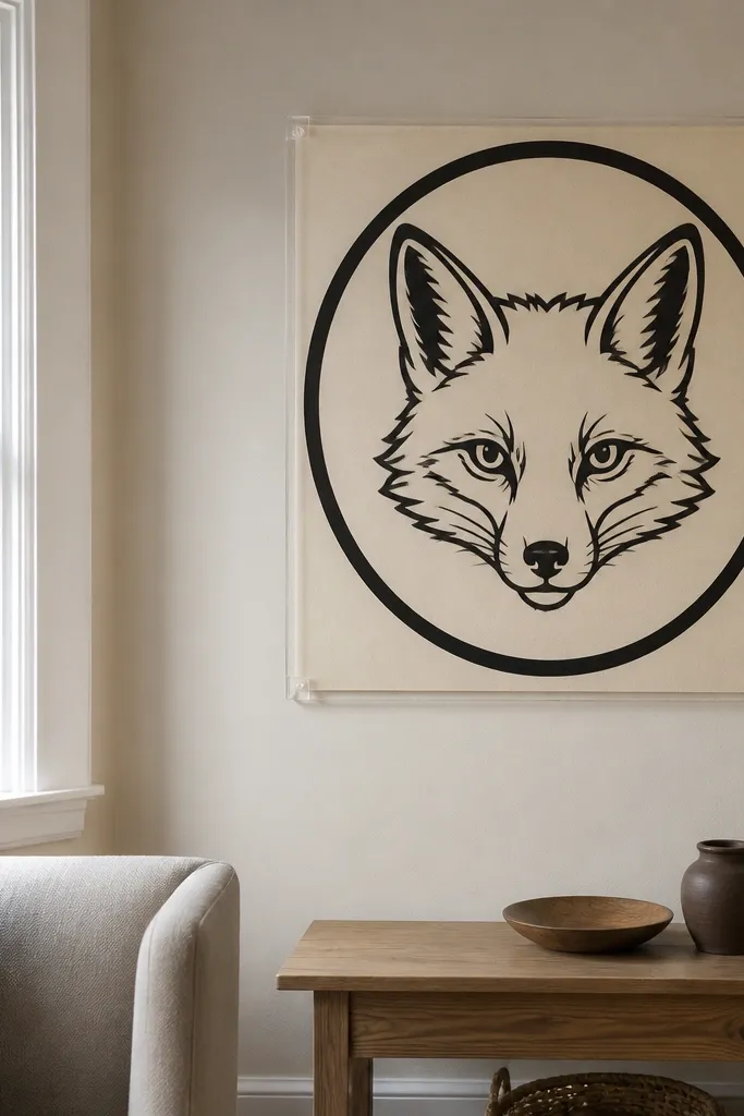 Black ink red fox outline inside a rounded border