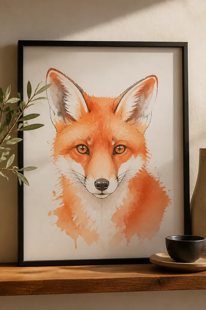 Simple red fox face with a single soft wash background