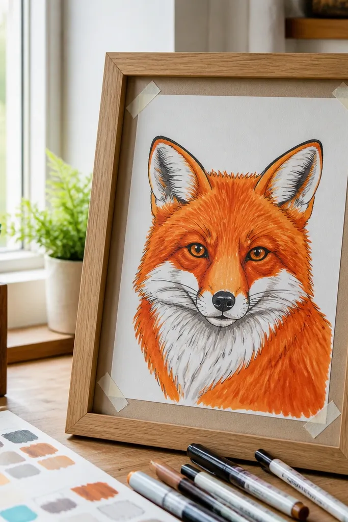 Bold marker red fox with white fur highlights on cheeks