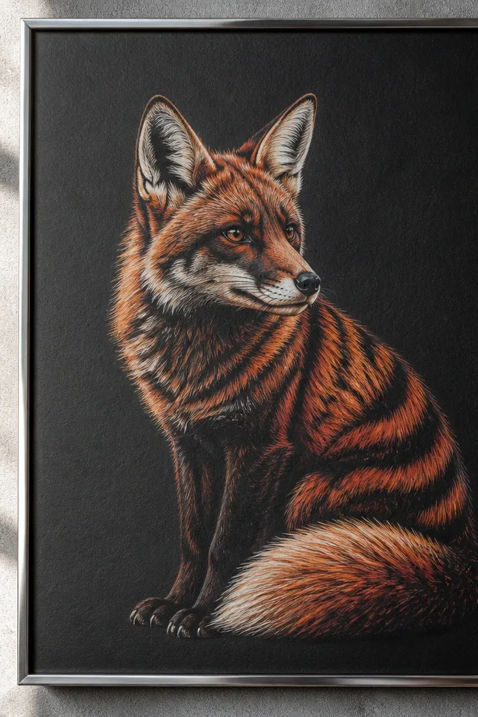 Red fox fur stripes drawn over a dark charcoal background