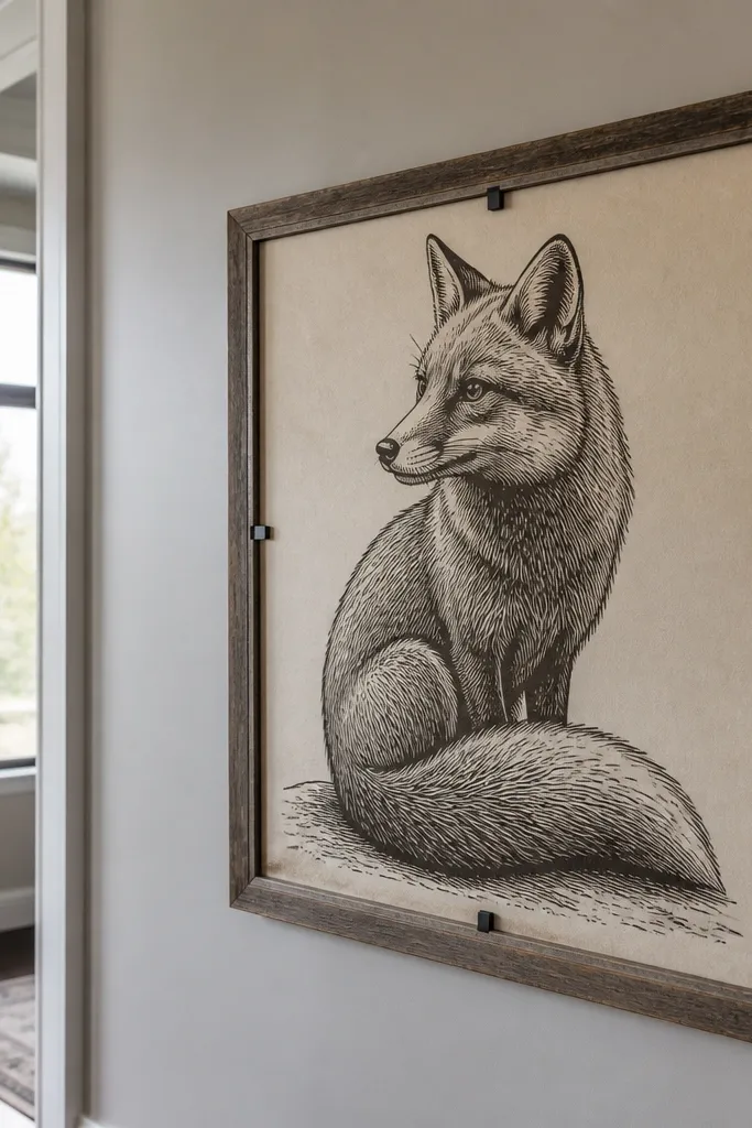 Woodcut-style fox with carved line texture and crosshatch