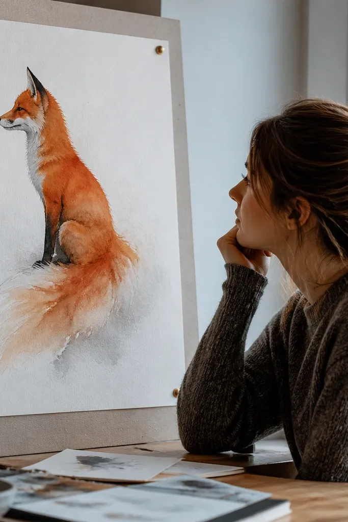 Side-profile red fox with a watercolor gradient tail
