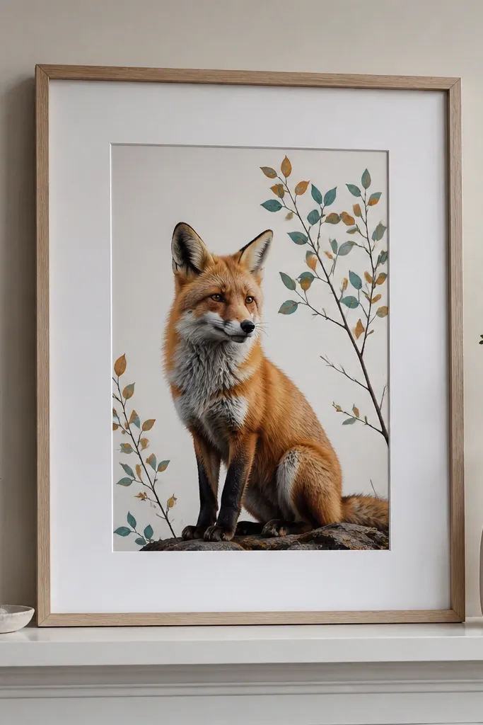 Fox perched on a thin branch with two-tone leaves around it