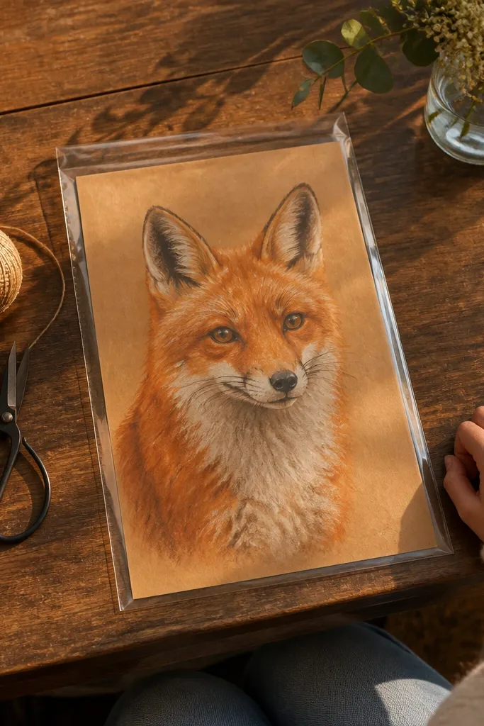 Red fox drawn in pastel colors on tan kraft paper