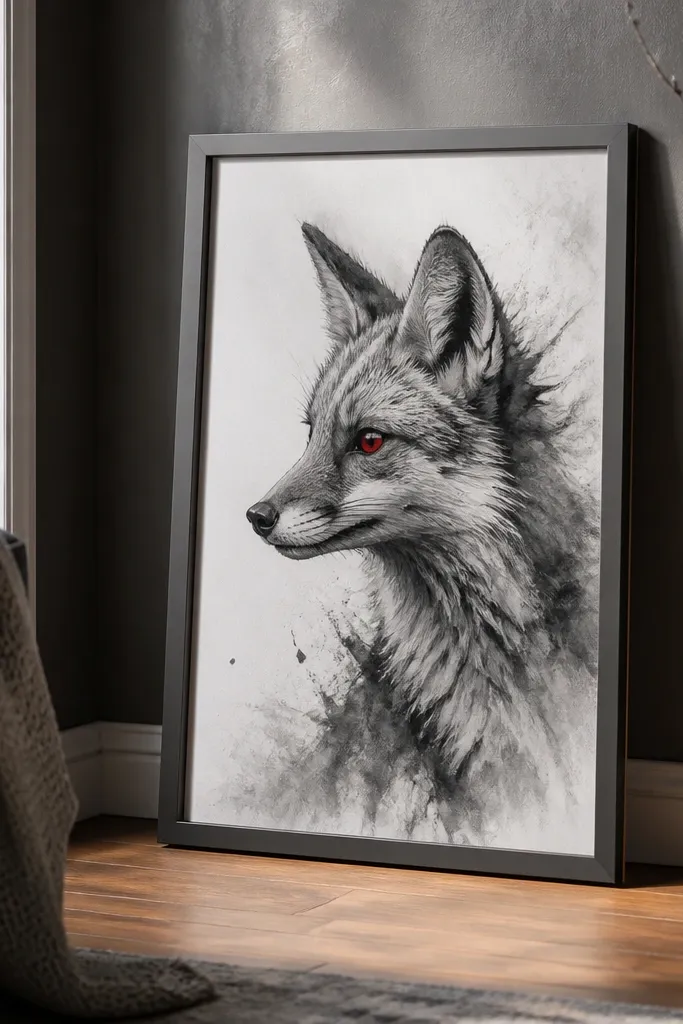 Black and gray fox portrait with one bright red accent eye
