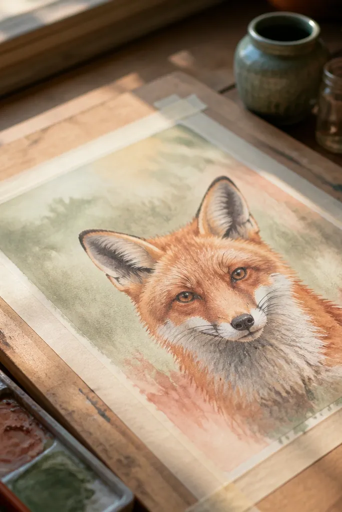 Soft gouache red fox with a blurred watercolor-like background wash