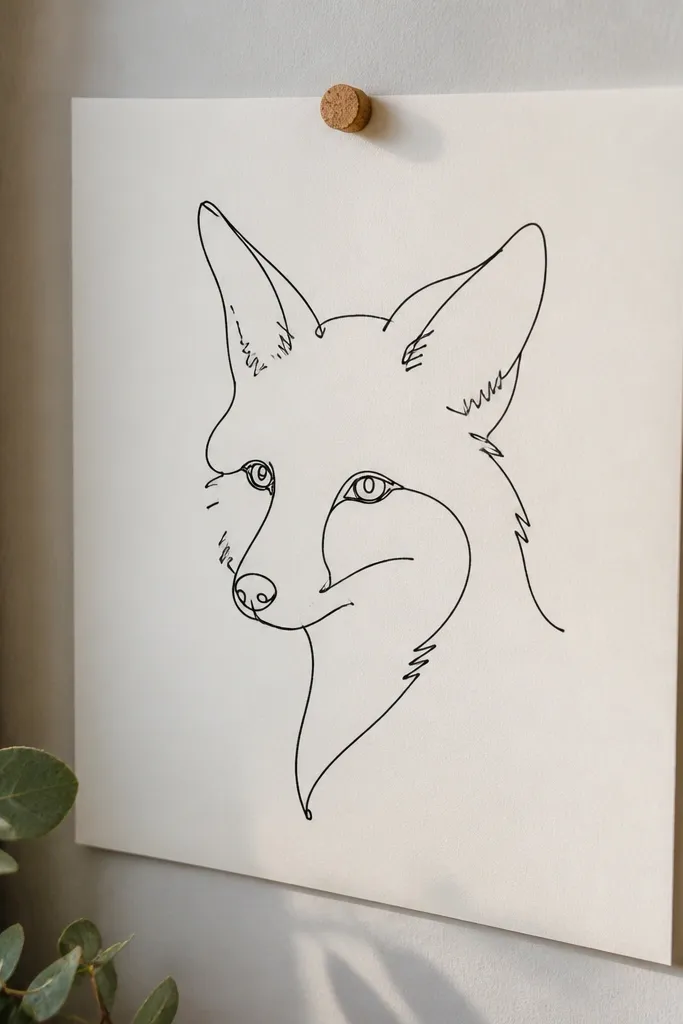 A fox portrait drawn with one continuous line and small fur marks