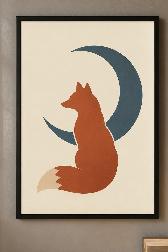 Fox silhouette beside a moon shape with clean color blocks