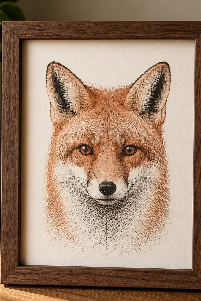 Red fox face with dot shading and halftone shadow under jaw