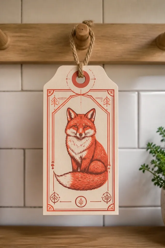Fox illustration with a small hanging tag label shape and minimal text area