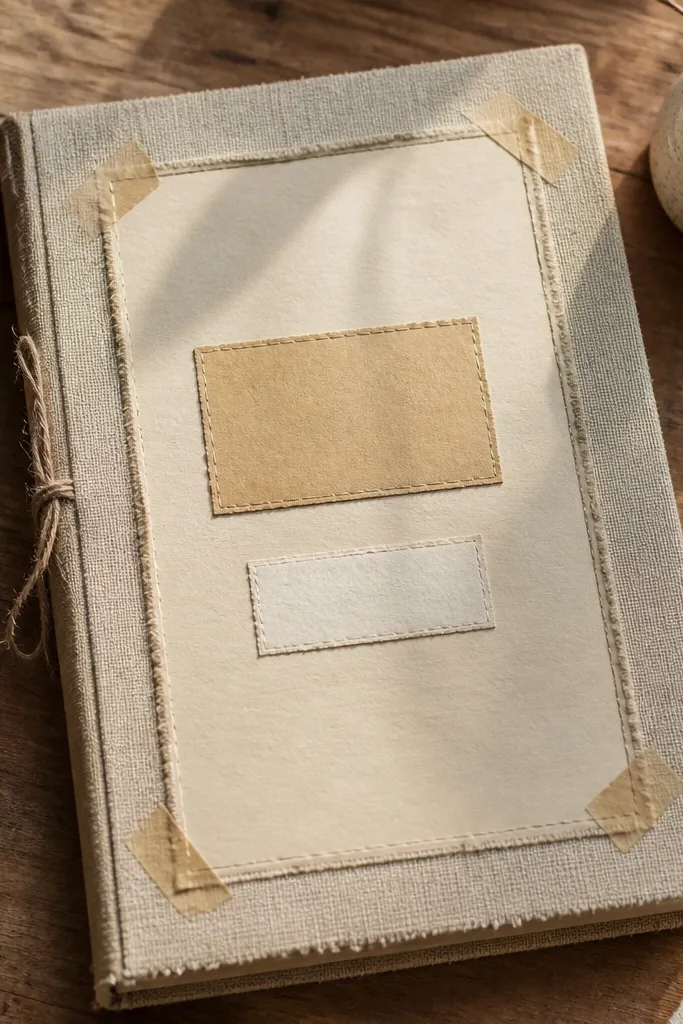 Beige and white fabric strip frame around a journal front page with tape tabs at corners