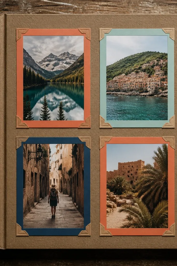Three small photos held by paper corners on top of bright color-block cardstock