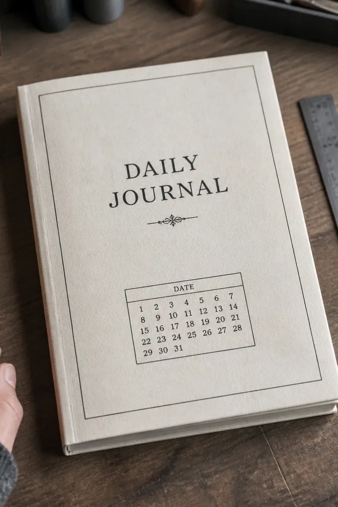 Black ink stamped border with a small grid of dates and a centered title on white paper