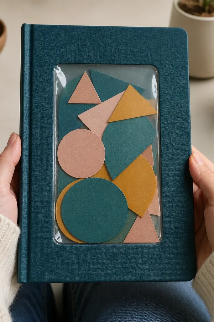 A clear plastic window on a journal cover showing layered paper shapes inside