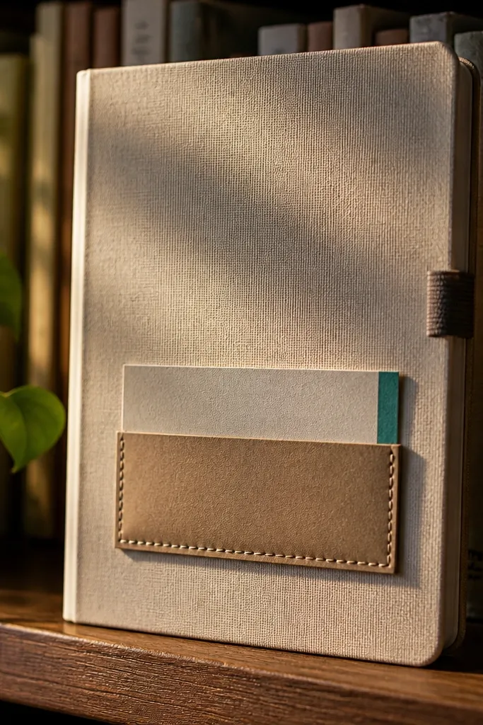 A small magnetic pocket on the journal front holding a bookmark with a minimalist title