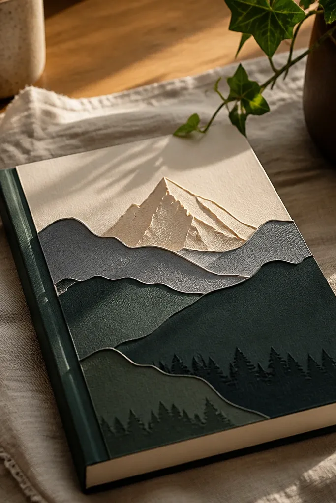 Three layered paper mountain shapes in muted colors with a small sky strip above