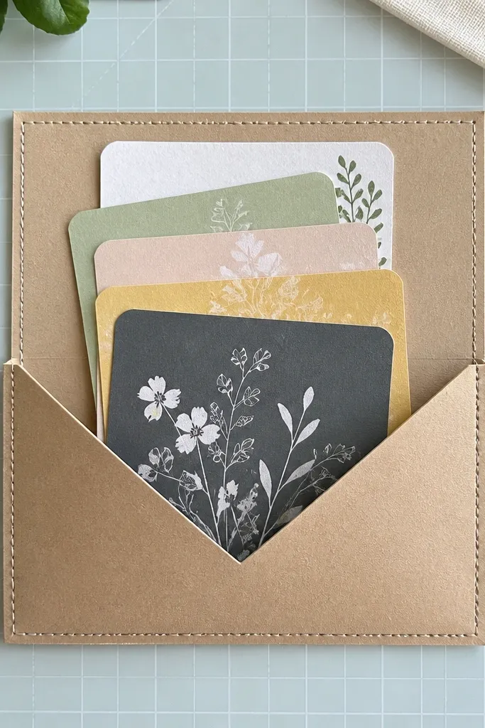 Front page with a small accordion pocket holding five mini cards in a neat stack