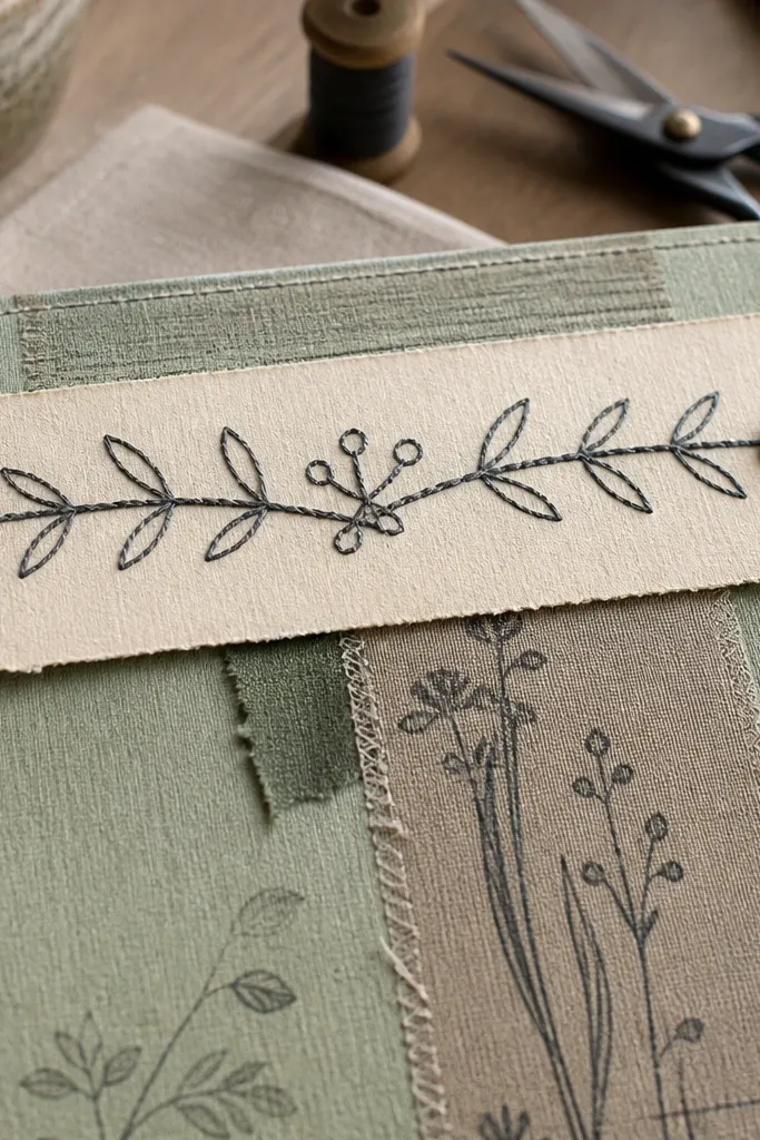 A paper banner with a stitched title and two small fabric buttons on a journal cover