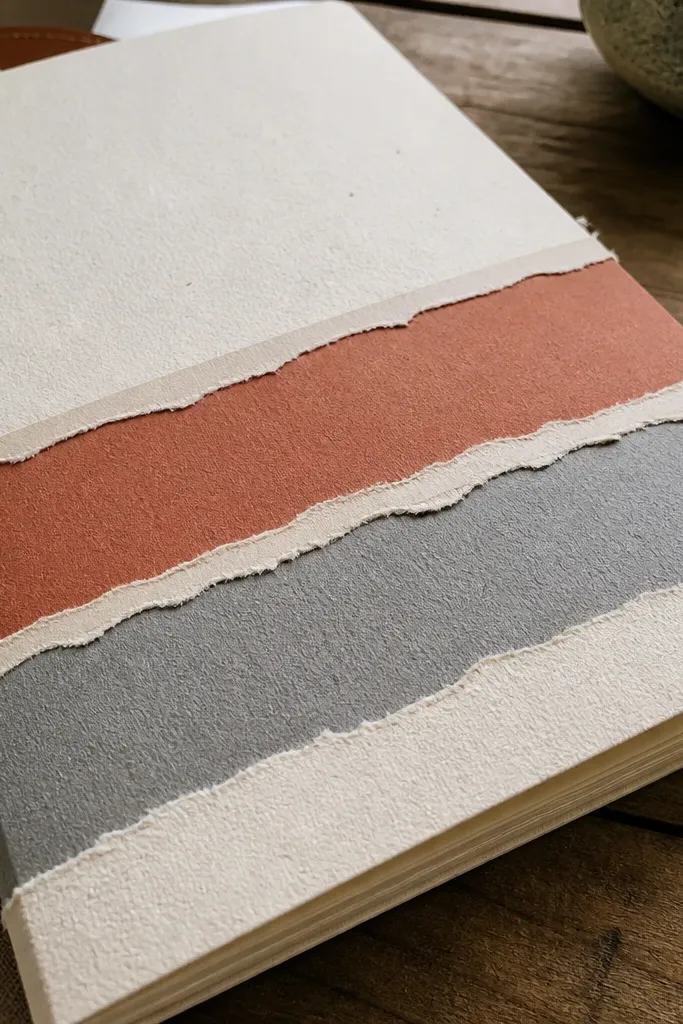 Layered ripped paper edges with visible tape seams and a centered title label