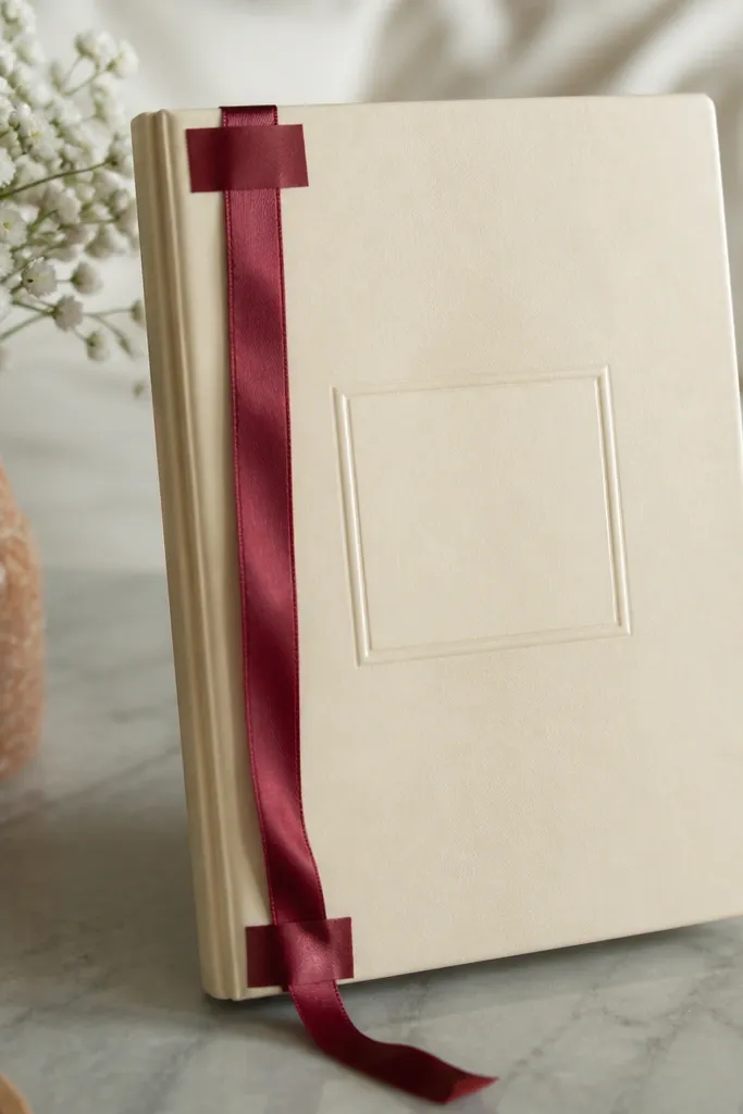 A vertical ribbon band on the spine side with a nameplate on the front cover