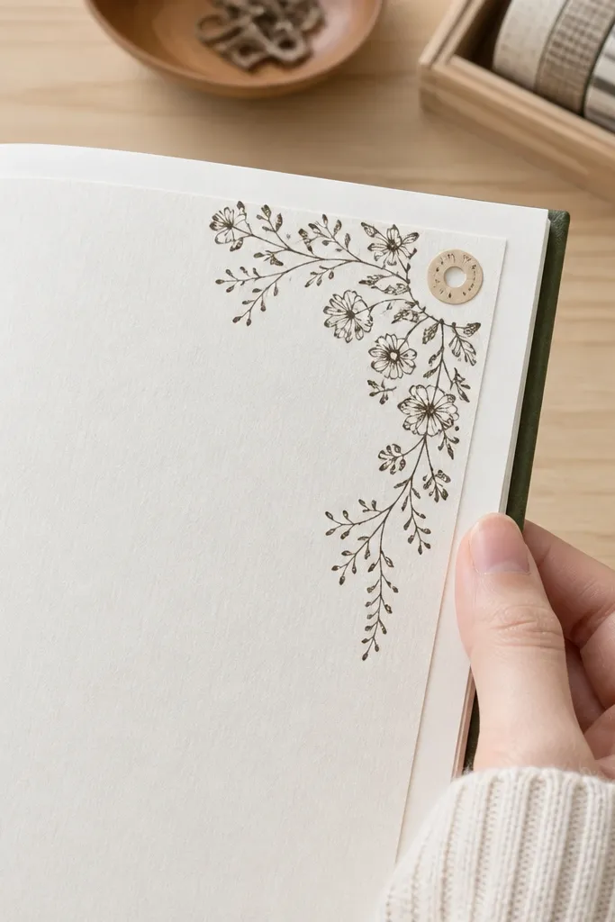 Off-white mat with a stamped floral corner and a small circular label near the title