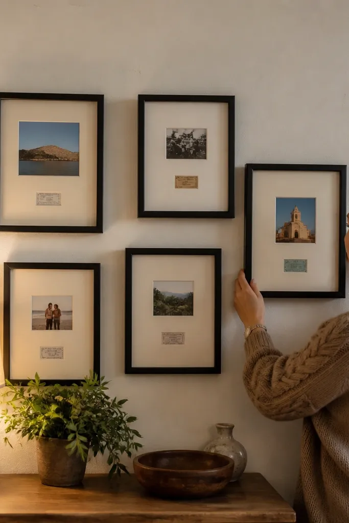 Three small frames with ticket stubs and photos arranged in a grid with black paper borders