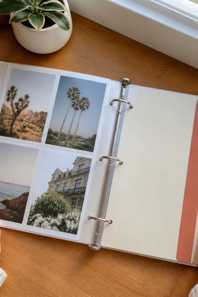 A black binder with clear plastic pages showing photos and labels in a neat grid