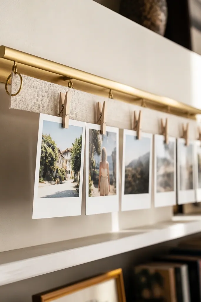 A small wooden rail with clothespins holding strips in a neat row
