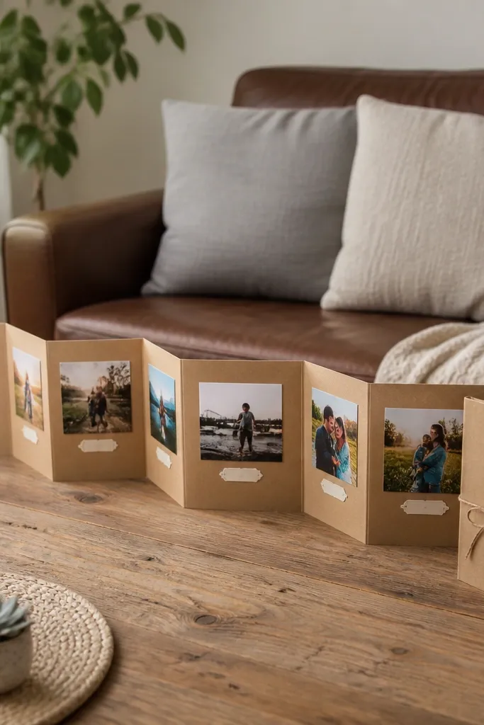 A kraft accordion fold with photos and handwritten dates arranged in a clean timeline