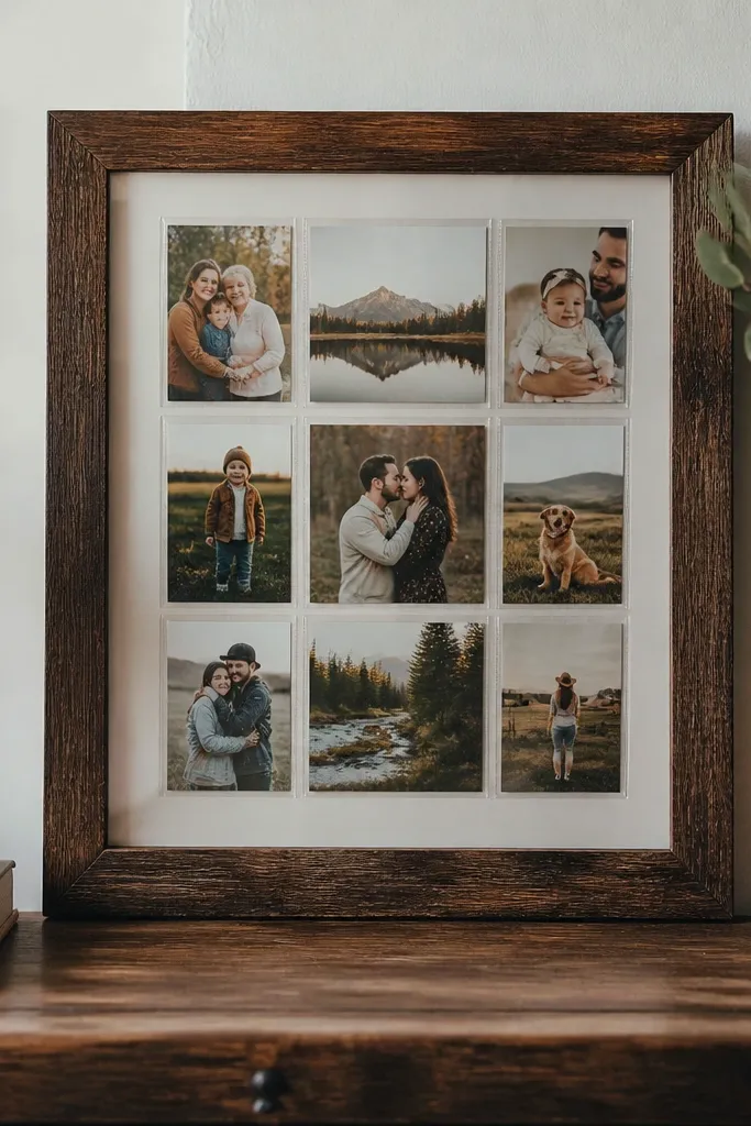 A thrifted frame containing a grid of mini pockets holding photos with cream cardstock borders