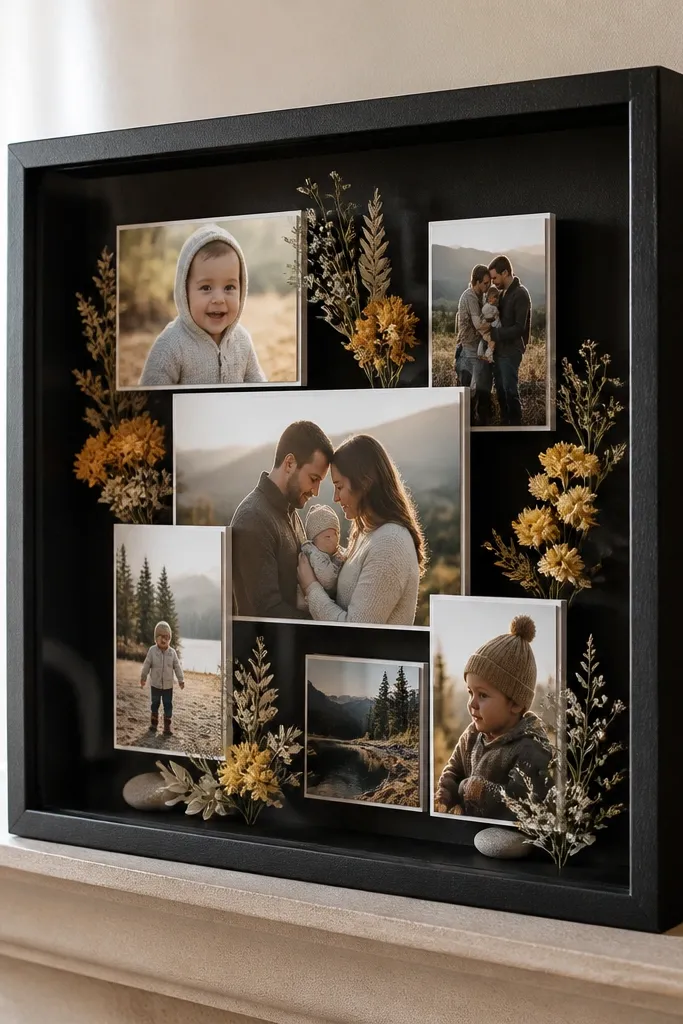 A small shadowbox with layered photos, dried flowers, and textured paper on stacked levels