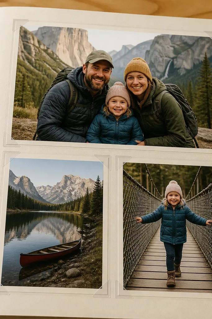 Photos mounted with corner tape on matte paper with consistent white borders