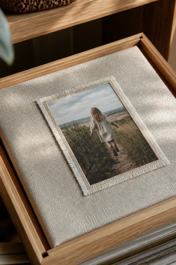 A backed by layered fabric scraps with visible seams and a clean frame border