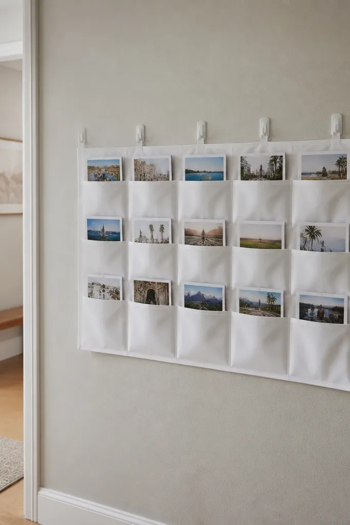 A vertical pocket grid on a wall with small photos clipped into clear pockets