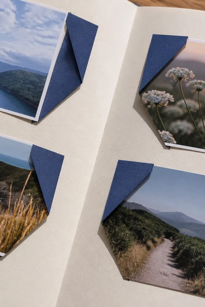 A scrapbook page with folded tabs sticking out like small banners