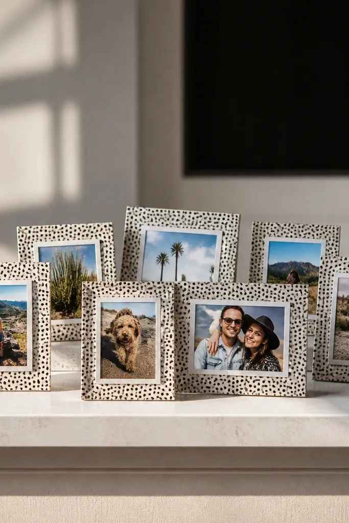 Several mini frames made from patterned paper around small square photos