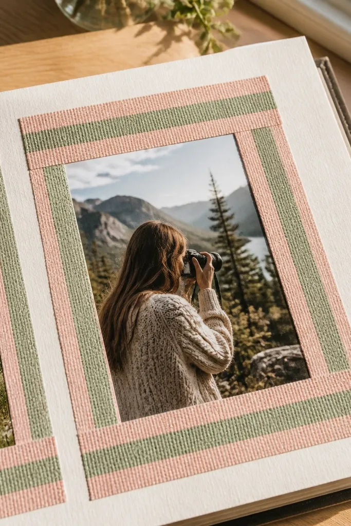 A scrapbook page with clean photos bordered by fabric-style tape in repeating patterns