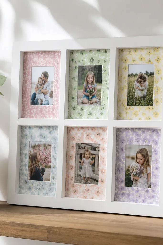 A window-style frame with multiple slots and a backing board that can be swapped